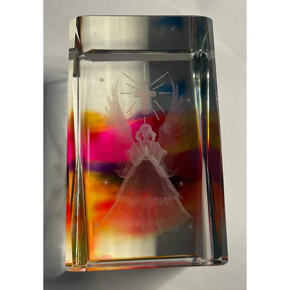 CRYSTAL GLASS ANGEL & CROSS SQUARE PAPERWEIGHT 3D LASER ETCHED RAINBOW COLORS